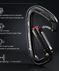 Two Way Quick Lock Double Locking Climbing Carabiner 25kN Heavy Duty For Rock Climbing Rappelling Survival Gear Gym Equipment Black UIAA Certified Outdoor Adventures with auto-locking mechanism and size details