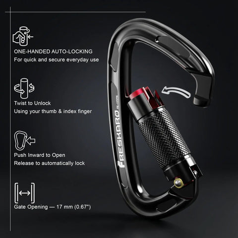 Two Way Quick Lock Double Locking Climbing Carabiner 25kN Heavy Duty For Rock Climbing Rappelling Survival Gear Gym Equipment Black UIAA Certified Outdoor Adventures with auto-locking mechanism and size details
