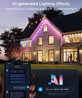 Year-Round 100Ft RGBIC Permanent Outdoor Lights 2 with 16 Million Colors illuminating a house exterior, app-controlled via phone, twilight setting