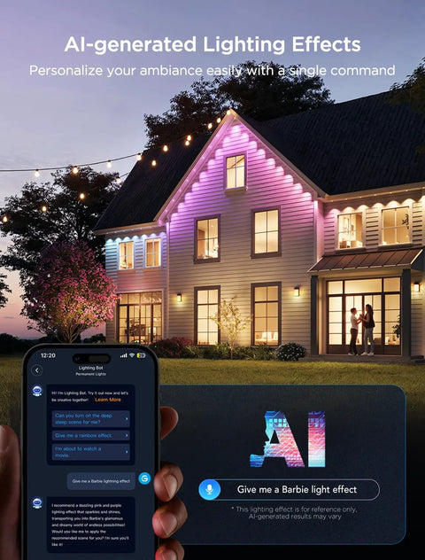 Year-Round 100Ft RGBIC Permanent Outdoor Lights 2 with 16 Million Colors illuminating a house exterior, app-controlled via phone, twilight setting