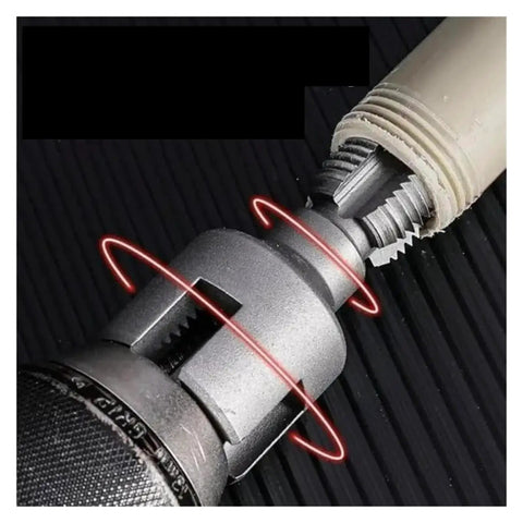 Heavy Duty PVC Pipe Threader cuts internal and external threads, showcasing its metal design and connection to a PVC pipe.