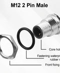 2 Pack Rugged M12 2 Pin Male Connector Cable A-Coded IP67 Waterproof Aviation Connector Pin To Bare Wire 22AWG Tinned Copper