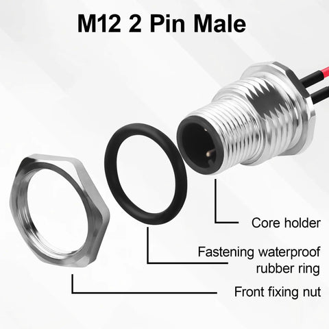 2 Pack Rugged M12 2 Pin Male Connector Cable A-Coded IP67 Waterproof Aviation Connector Pin To Bare Wire 22AWG Tinned Copper