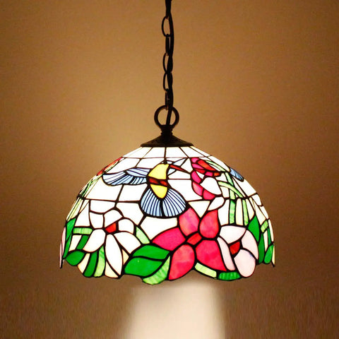 Old School Tiffany Hummingbird Amber Stained Glass Pendant Light Fixture With 12 Inch Wide Shade And 32 Inch Chain Hardwired Hanging Lamp In Antique Green Bronze Finish S101 Series, floral detail