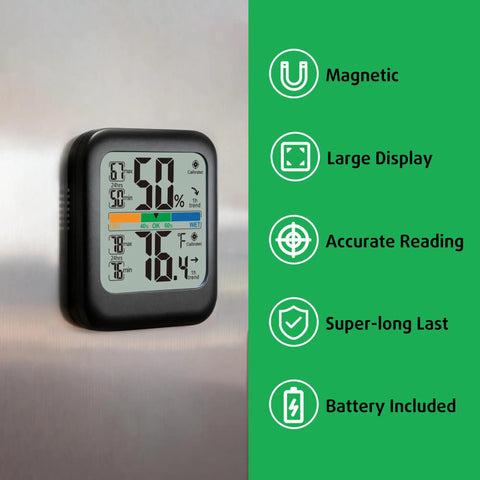 Room Thermometer And Hygrometer Real Time Temperature And Humidity Monitor With Fast Five Second Refresh High Accuracy Digital Meter With 24 Hour Max Min Data Ideal For Humidifiers And Air Conditioning Control. Magnetic digital room thermometer and hygrometer on wall