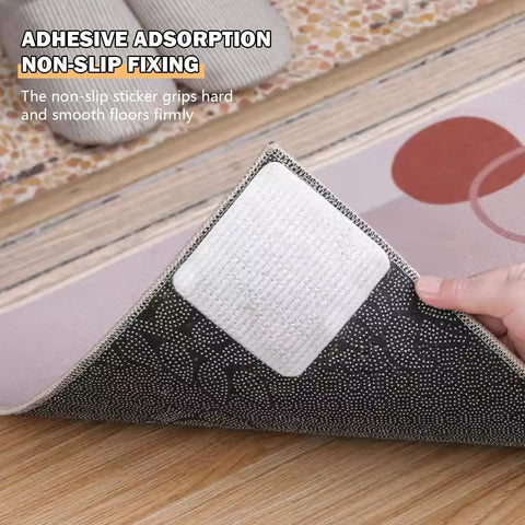 Hand applying non slip rug pad grippers to rug corner on hardwood floor, demonstrating adhesive grip, 3.9 inch size, square