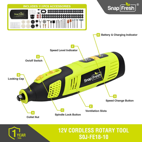 Badass 12V Cordless Rotary Tool Kit Delivers Slick Variable Speed Control And Includes A Rock Solid Set Of Versatile Drill Bits For Smooth Diy Crafts And Home Repairs, highlighting essential tool features.