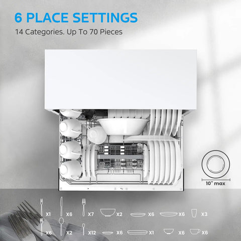 Interior view of Top Shelf Countertop Dishwasher With Eight Smart Cycles And Six Place Settings showcasing six place settings and dish arrangement.