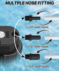 Above Ground Pool Cover Pump With Drainage Hose And 25 Foot Power Cord, Submersible Water Removal Pump, 850 GPH, multiple hose fittings.