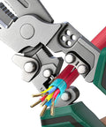Close-up of Premium Rigid Solid Steel Wire Stripper Tool With Built In Voltage Tester cutting multi-strand electrical wires.