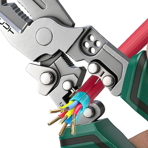 Close-up of Premium Rigid Solid Steel Wire Stripper Tool With Built In Voltage Tester cutting multi-strand electrical wires.