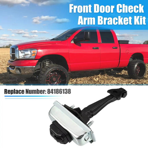 Front Door Check Arm Bracket Kit next to red truck in field