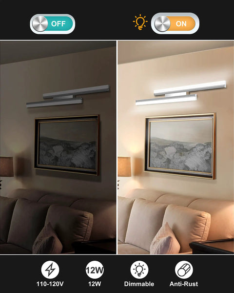 Slick 24 Inch LED Vanity Light for Bathroom 6000K Daylight Dimmable 36W 2160 Lumens Brushed Nickel Wall Mount shown on and off