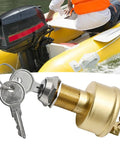 Heavy Duty Marine Ignition Switch 3 Position Off On Start For Boats MP39060-1 brass construction with keys, boat background
