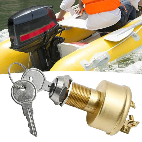 Heavy Duty Marine Ignition Switch 3 Position Off On Start For Boats MP39060-1 brass construction with keys, boat background