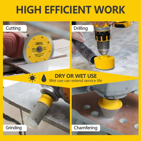 15-piece diamond tile hole saw kit with cutting disc, finger bit, chamfer bit, SDS adapter for ceramic, porcelain and granite