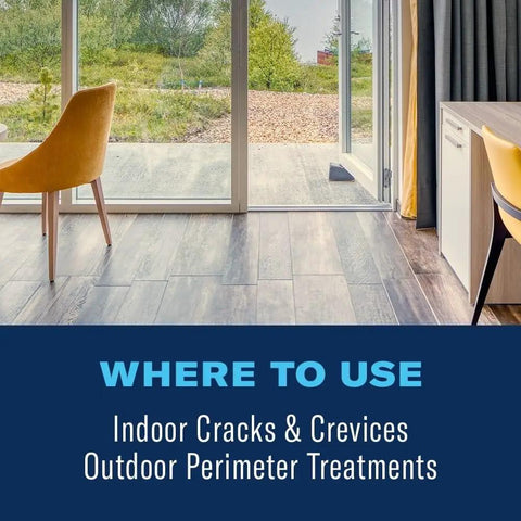 Indoor settings for All Purpose Bug And Germ Killer Insect Spray 1 Gallon, highlighting areas like cracks and outdoor perimeters.