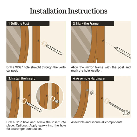 Installation instructions for Heavy Duty Antique Brass Swing Cheval Mirror Mounting Bolts Pack Of 2 Solid Steel Cabinet Hardware.