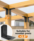 Hardcore Heavy Duty L Brackets Ninety Degree Corner Brace System Five By Five By Two Point Five Inches Black Powder Coated Steel Frame fasteners supporting wooden posts.