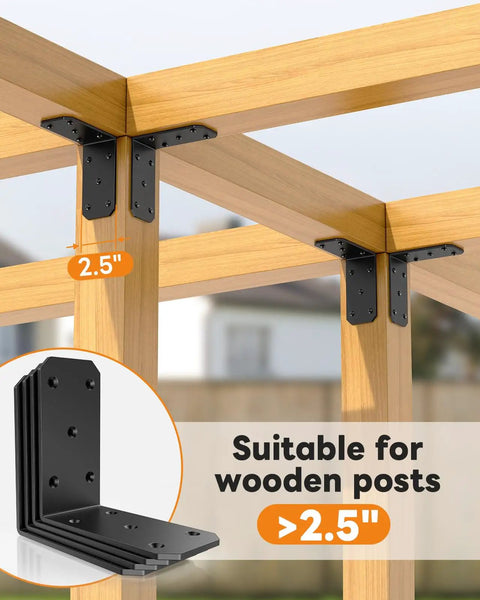 Hardcore Heavy Duty L Brackets Ninety Degree Corner Brace System Five By Five By Two Point Five Inches Black Powder Coated Steel Frame fasteners supporting wooden posts.