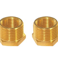 Two brass 3/4 NPT to 1/2 NPT hex reducer pipe fittings, male 3/4 NPT to female 1/2 NPT, pack of 2