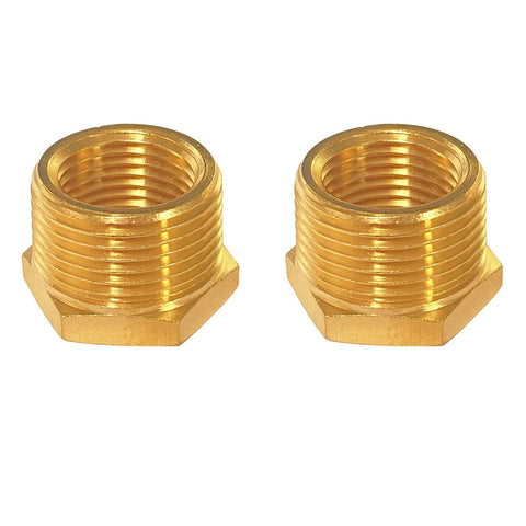 Two brass 3/4 NPT to 1/2 NPT hex reducer pipe fittings, male 3/4 NPT to female 1/2 NPT, pack of 2