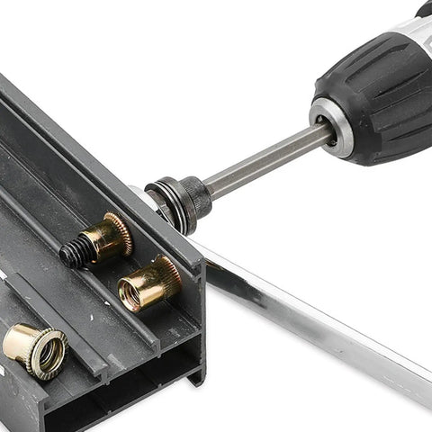 Check Out This Heavy Duty Head Rivet Nut Tool Kit With 100 Presses For M3 M4 M5 M6 M8 Fasteners, Perfect For DIY Pros And Metal Pipe Fixin Up Jobs That Need Solid Steel Grip Power Anywhere You Go. Rivet nut tool on metal rail with M3-M8 inserts