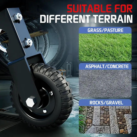 6 Inch Black Under Mount Gate Wheel For Farm Gates Prevent Dragging On Chain Link Fences Sliding Gates With 330 LB Capacity showing terrain suitability on grass, asphalt, rocks.