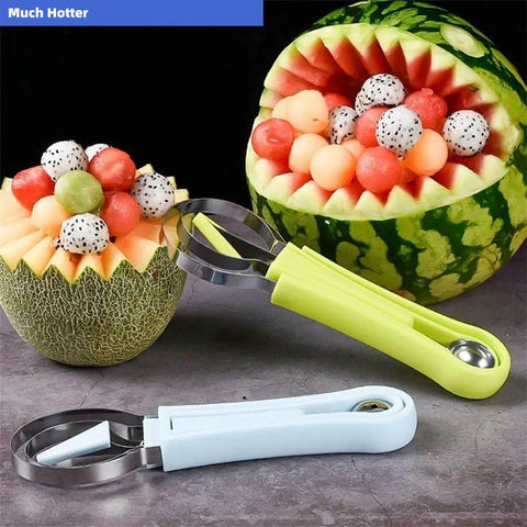 4 In 1 Stainless Steel Fruit Carving Tools Set With Melon Baller Scoop, showing carved watermelon and cantaloupe with fruit balls