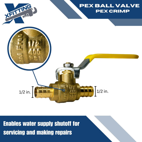 Crimp Half Inch Pex Ball Valve Set, 10 Pieces, brass 1/2 in valve, Pex B crimp compatible, for water and heating, ANSI NSF 61 ASSE 1061
