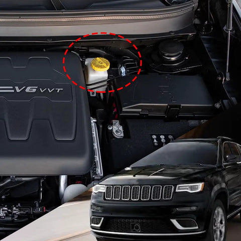Yellow ABS Brake Fluid Reservoir Cap For Jeep Wrangler 2018, Cherokee 2014-2020 in engine bay close-up view
