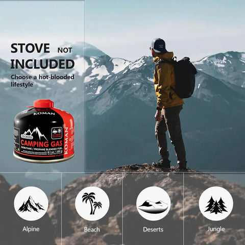 Isobutane Camping Stove Fuel Canister 230 Gram Butane Propane Blend Lightweight Gas Canister for Backpacking, mountain view