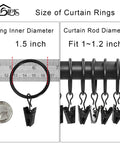 Sturdy 20 Pack Metal Curtain Ring Clips Set For Drapes 1.5 Inch Inner Diameter Black No Slip Clip Rings displayed on rod