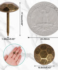 Top Shelf Metal Upholstery Tacks And Furniture Nails For Vintage Diy Makeovers, Rust Resistant Heavy Duty Headpins, 100 Piece Pack showing a bronze upholstery tack next to a quarter for size comparison.