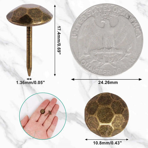 Top Shelf Metal Upholstery Tacks And Furniture Nails For Vintage Diy Makeovers, Rust Resistant Heavy Duty Headpins, 100 Piece Pack showing a bronze upholstery tack next to a quarter for size comparison.