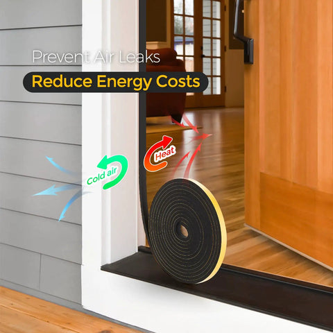 33 Feet Weather Stripping Door Seal Kit With 1/2 Inch Wide By 1/4 Inch Thick High Density Foam Tape And Adhesive Rubber Strip For Door Soundproofing And Window Insulation Stops Drafts And Boosts Energy Savings In Black used on a door illustrating air flow prevention.