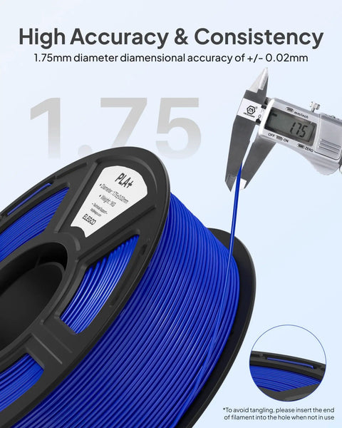 PLA Plus Filament 1.75mm Black 4Kg Beefy Rock Solid Toughness for Everyday 3D Printing spool with caliper showing 1.75mm.