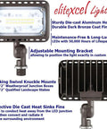 Front and back views of Outdoor LED Flood Light 16W 1500 Lumen Walkway Security Light 3000K Warm White Waterproof With Rustproof Aluminum One Half Inch Knuckle Mount 120V UL Listed Built Tough As Nails Nighttime Glow with detailed features labeled.