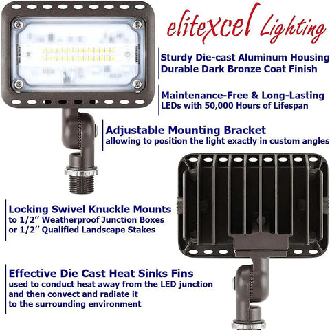Front and back views of Outdoor LED Flood Light 16W 1500 Lumen Walkway Security Light 3000K Warm White Waterproof With Rustproof Aluminum One Half Inch Knuckle Mount 120V UL Listed Built Tough As Nails Nighttime Glow with detailed features labeled.