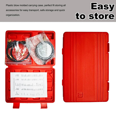 DXNQ fuel pump and vacuum tester kit in a red plastic carry case; open view shows gauge, hoses; right shows closed red case.