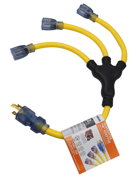 Heavy Duty Yellow Line Stow Adapter 30 Amp 2 Foot 12/3 AWG Extension Cord with three outputs and bright yellow cables.