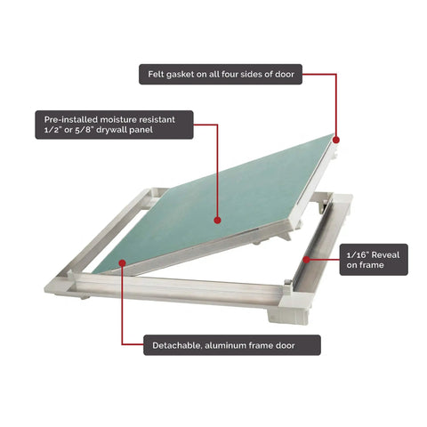 Heavy Duty Touch Latch Tile Access Door For Walls Featuring Seamless Concealed Design Perfect Tile Integration No Sweat Install Super Tight Hush Hush Sound Blocking STC 62 Removable Hatch 12X12 Inches with aluminum frame and drywall panel.