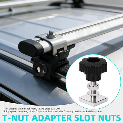 24Pcs T Nut Adapter Kit M8 Slot Blocks for Roof Racks with star grip nuts and square sliding blocks on a roof bar