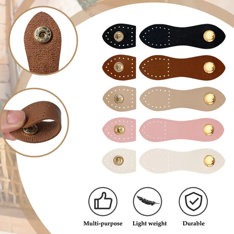 Colorful 15 Piece Leather Snap Buckles Set For Purses And Bags, Sew On Button Closures in five vibrant colors with pre-drilled holes.