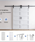 Double 32x84 White Barn Door With 11ft Sliding Door Hardware Kit installed on wall, showing 5 Panel MDF Slab and installation diagram.