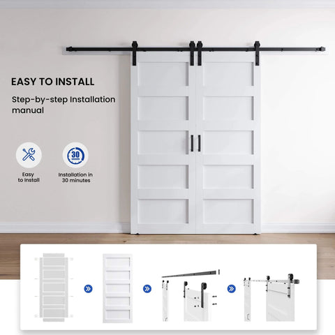 Double 32x84 White Barn Door With 11ft Sliding Door Hardware Kit installed on wall, showing 5 Panel MDF Slab and installation diagram.