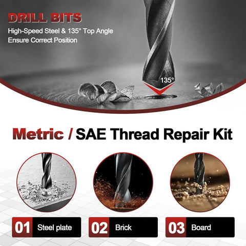 25 Piece M14x1.5 Thread Repair Kit With Inserts, Drill Bit, Tap And Install Tool For Auto Repair And Machinery Maintenance, Heavy Duty Fixes, Quick, Pro Grade, Easy Install. HSS drill bits with 135° point for steel plate, brick, and board