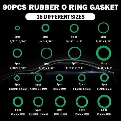 195 Piece O Ring Assortment Kit For Car Air Conditioning Systems With Multi Size O Rings And Gaskets displaying 18 sizes.