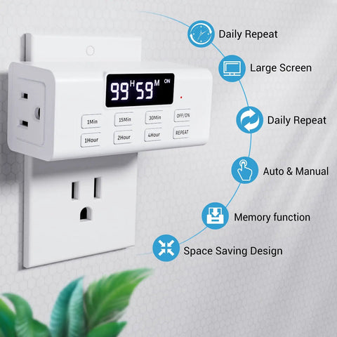 Slick Countdown Timer Outlet Pair Featuring One Touch Digital Dual Plug With Massive Backlit LCD Display showing countdown and controls.