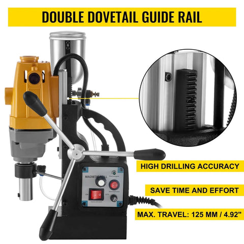 Powerful 40Mm Magnetic Drill Press With 1100W Motor featuring double dovetail guide rail for precision drilling.